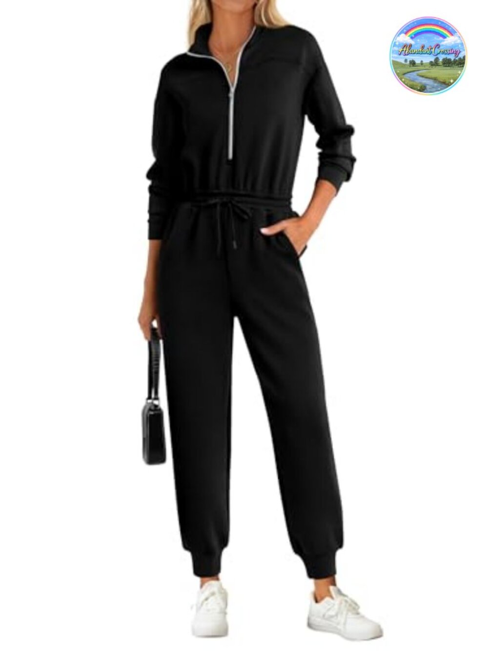 Women's Long Sleeve Half Zip Jumpsuit Casual Romper with Pockets